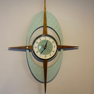 Top Selling Large 27" Mint Green Royalexe Laminate Mid Century style Starburst Clock by Royale 1950s Gambit Face & Solid Teak Wood Rays