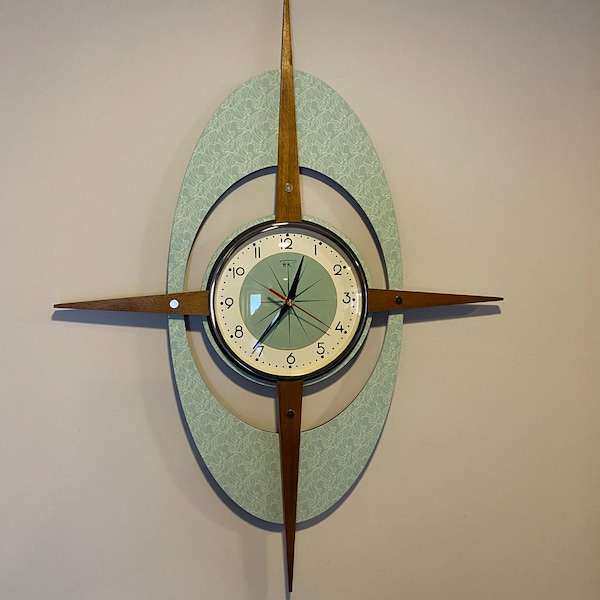 Top Selling Large 27" Mint Green Royalexe Laminate Mid Century style Starburst Clock by Royale 1950s Gambit Face & Solid Teak Wood Rays