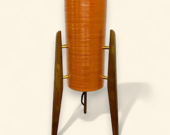 Mid Century Modern Rocket Table Lamp - Teak Wood Legs & Tangerine Orange Fiberglass Shade - Retro Space Age Home Decor