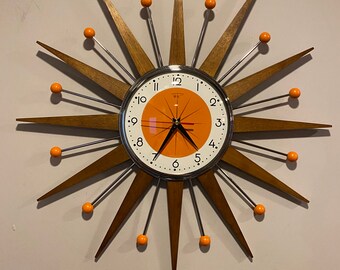 21 inch Hand Made Mid Century style Starburst Clock by Royale - 1950s Tangerine Face, Medium Teak Wood Rays & Tangerine Balls