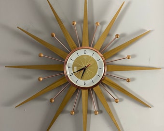 27 inch Hand Made Mid Century style Starburst Sunburst Clock by Royale Welby style with Burnt Gold Face & Blonde Teak Rays