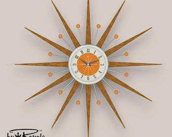 Handmade Mid-Century Starburst Clock: Teak Rays, Tangerine Dial (21")