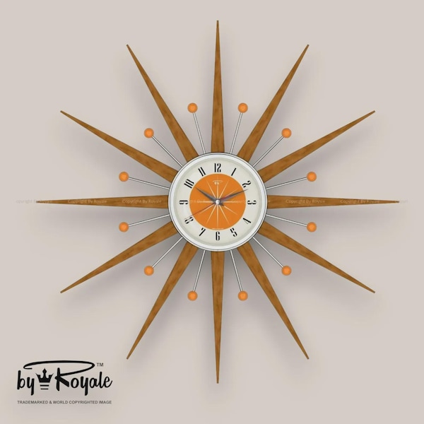 Handmade Mid-Century Starburst Clock: Teak Rays, Tangerine Dial (21")