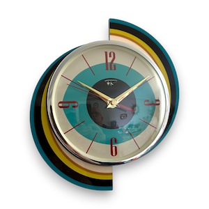 Top Selling Royalexe Spinning Meteor Caravan Wall Clock by Royale in Turquoise - Midcentury Atomic Jetsons Retro in Free Gift Bag.