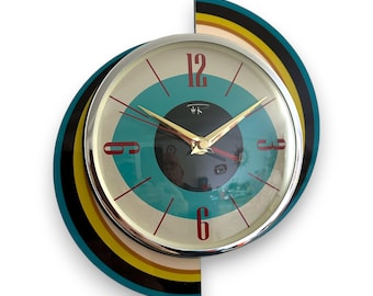 Top Selling Royalexe Spinning Meteor Caravan Wall Clock by Royale in Turquoise - Midcentury Atomic Jetsons Retro in Free Gift Bag.