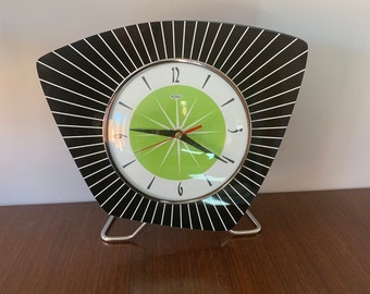 Handmade Asymmetric Formica Mantle Clock in Black / Apple Green from Royale - Midcentury French Atomic Retro style