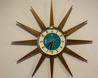 21 inch Hand Made Mid Century style Starburst Clock by Royale 12 Hand Waxed Medium Teakwood Rays with a 1950's Turquoise Face