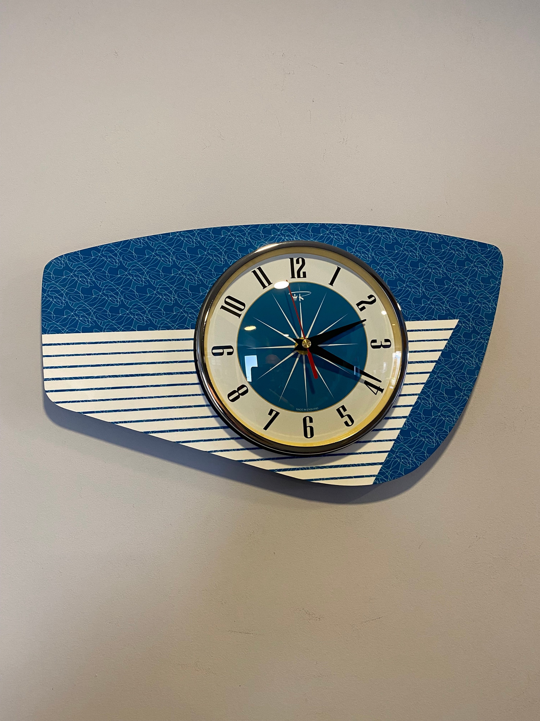Handmade Smokey Blue Formica Wall Clock from Royale - Midcentury French Atomic Retro style with 1950&#39;s Starburst Face
