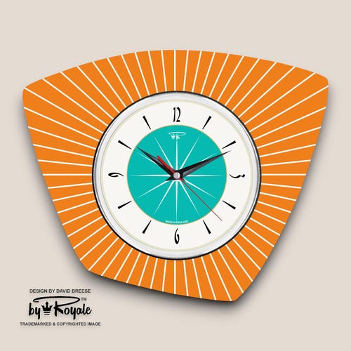Handmade Tangerine Formica Wall Clock: Turquoise Atomic Mid