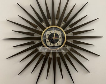 Large 30 inch Hand Made Mid Century Seth Thomas style Starburst Clock by Royale with Black & Cream 1950's dial with Dark Teakwood Rays