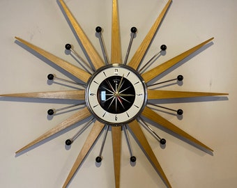 27 inch Hand Made Mid Century style Starburst Sunburst Clock by Royale Welby style with Black White 1950's face & Blonde Teak Rays