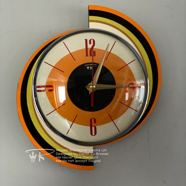 Top Selling Royalexe Spinning Meteor Caravan Wall Clock by Royale in Tangerine Orange - Midcentury Atomic Jetsons Retro  in Free Gift Bag