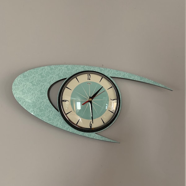 Top Selling Royalexe Laminate Wall Clock By Royale - Midcentury Modern Atomic Boomerang Retro style in Light Turquoise Mint