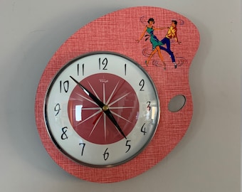 Colour etched Lucite Formica Wall Clock from Royale - Midcentury Atomic Retro in Lush Pink Rockabilly Dancers