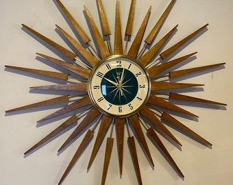 Large 27" Hand Made Mid Century Seth Thomas style Goldtone Starburst Clock by Royale with Teal & Cream 1950's style dial.