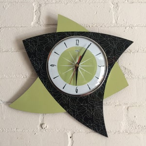 Handmade Asymmetric Formica Wall Clock in Chartreuse & Black Naugahyde from Royale - Midcentury French Atomic Retro style