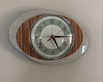 Colour Etched Formica Wall Clock in Light Grey Faux Walnut & Zebra Wood from Royale - Midcentury Atomic Jetsons Retro style.