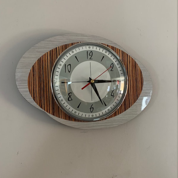 Colour Etched Formica Wall Clock in Light Grey Faux Walnut & Zebra Wood from Royale - Midcentury Atomic Jetsons Retro style.