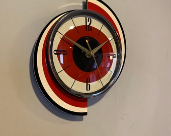 Midcentury Wall Clock: Red Cream & Black Atomic Formica Meteor Design