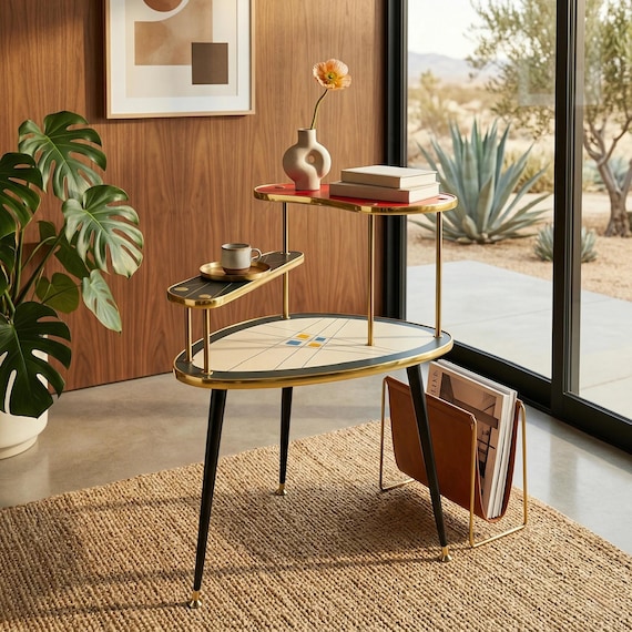 Mid Century Modern | Eero Blumenständer 3-stöckig | Royalexe Laminat | Teakholz-Beine | Blumentisch