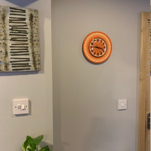 Handmade 1970's style Sunburst Orange Formica Wall Clock in Orange & with a Funky Bright Orange Segment Face from Royale image 5