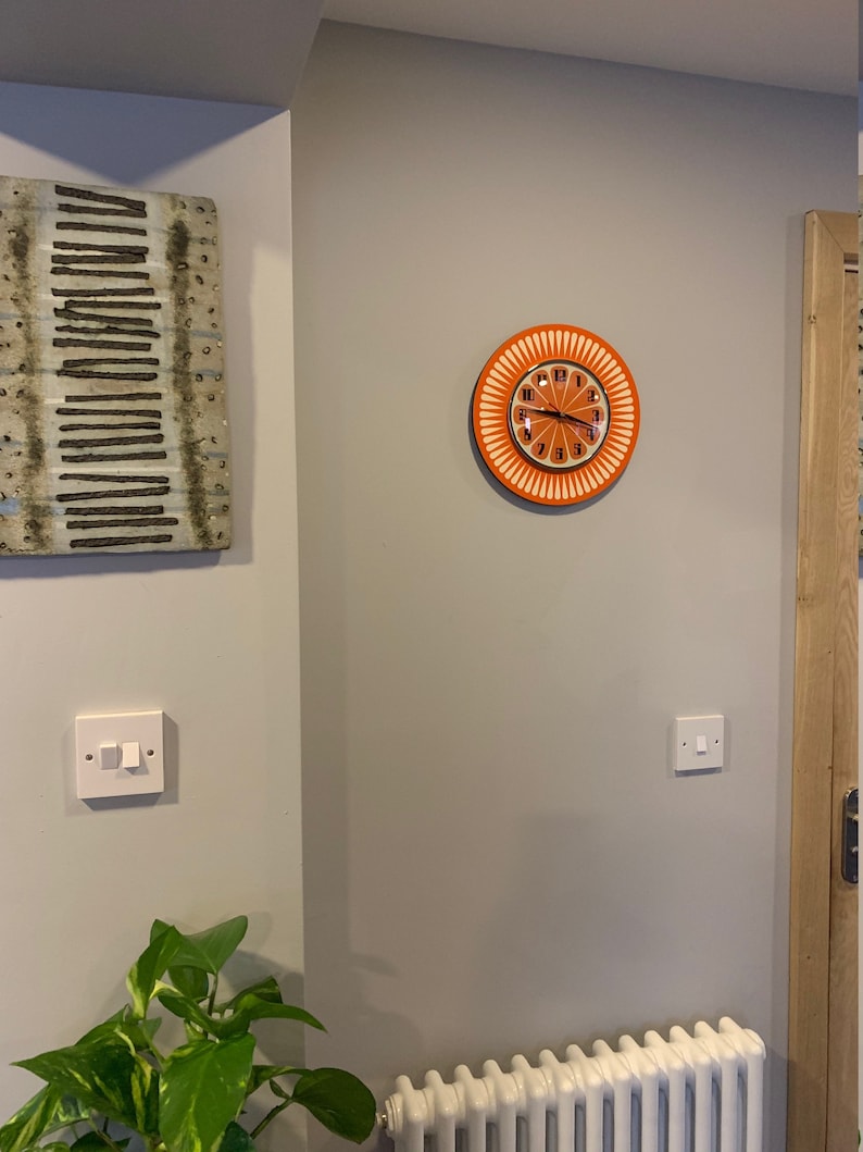 Handmade 1970's style Sunburst Orange Formica Wall Clock in Orange & with a Funky Bright Orange Segment Face from Royale image 5