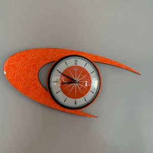 Colour Etched Lucite Formica Wall Clock from Royale - Midcentury Atomic Boomerang Retro style in Neon Tangerine