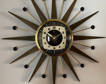 21 inch Hand Made Mid Century style Goldtone Starburst Clock by Royale Dark Walnut Teakwood Rays, Black & Cream Square Ray Face