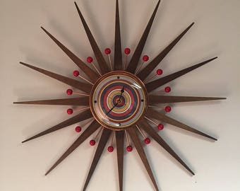 Large 27 Inch Hand Made Mid Century style Starburst Sunburst Clock by Royale Clock Style 52 Bitossi inspired