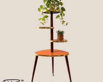Mid Century Modern Orange Tera Plant Stand in Royalexe™ Laminate, Beech Legs & Columns