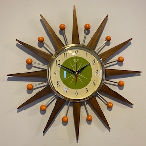 19 inch Hand Made Mid Century style Starburst Clock by Royale Welby style Medium Waxed Rays 1950&#39;s Chartreuse Face
