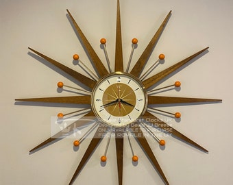 27" Hand Made Mid Century style Goldtone Starburst Clock by Royale Medium Teakwood Rays, Burnt Gold & White 1950's Face Orange Balls