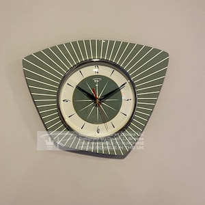 Royalexe Handmade Asymmetric Wall Clock in Sage Green from Royale - Midcentury French Atomic Retro style