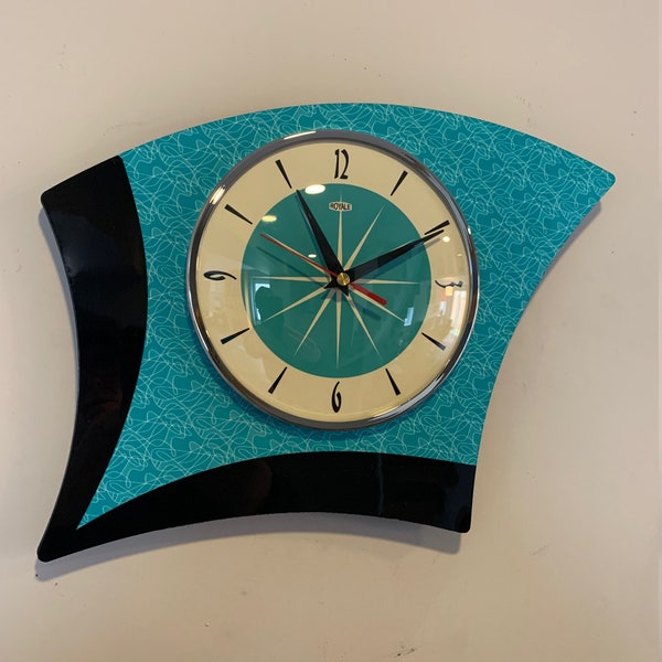 Colour Etched Asymmetric Formica Caravan Wall Clock from Royale - Midcentury Atomic Jetsons Retro style in Turquoise & Black
