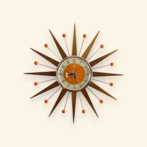 21 inch Hand Made Mid Century style Starburst Sunburst Clock by Royale - Welby style Medium Teak Rays & with Tangerine Dial