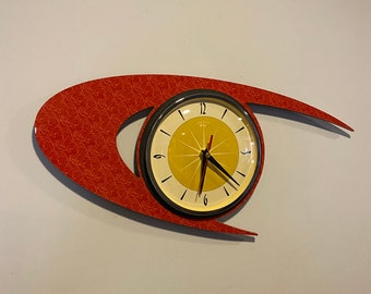 Colour Etched Lucite Formica Wall Clock from Royale - Midcentury Atomic Boomerang Retro style in Tomato Red & Yellow