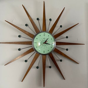 27 inch Hand Made Mid Century style Starburst Sunburst Clock by Royale - Jade Green 1950s Face & Medium Teak Wood Rays