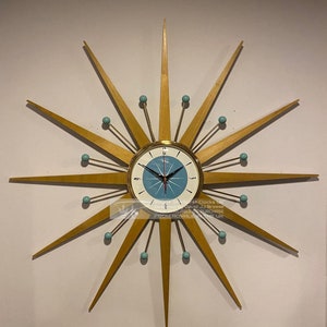 30 inch Hand Made Mid Century style Starburst Clock by Royale Welby style - Light Blue Face & Atomic Balls, Blonde Teak Wood Rays