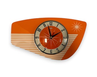 Top selling British Handmade Tangerine Orange Royalexe Wall Clock by Royale - Midcentury Atomic Retro style with Starburst Designs