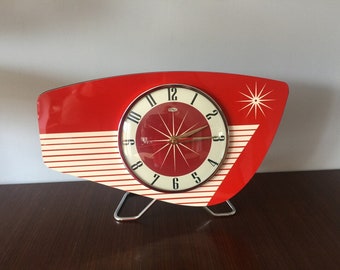 Handmade Royalexe Laminate Mantle Clock Mid Century Modern style in Tomato Red by Royale