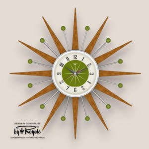 Avocado Green Starburst Wanduhr: Mid-Century Modern Teak Holz Auswahl von 4 Größen