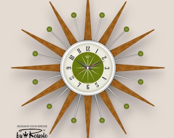Avocado Green Starburst Wall Clock: Mid-Century Modern Teak Wood Choice of 4 Sizes