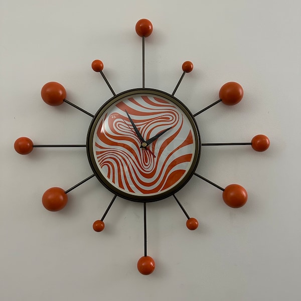 British Made Silent Ball Burst Clock by David Breese for Royale - Funky Retro Hand Made Starburst 1970’s style in Tangerine & White