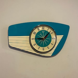 Handmade Turquoise & Cream Laminate Wall Clock from Royale - Midcentury French Atomic Retro style with Starburst Design