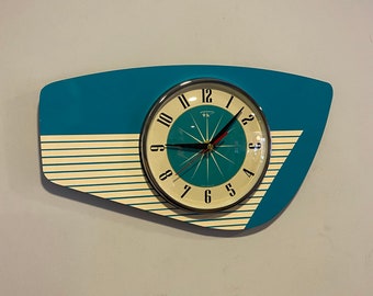 Handmade Turquoise & Cream Laminate Wall Clock from Royale - Midcentury French Atomic Retro style with Starburst Design