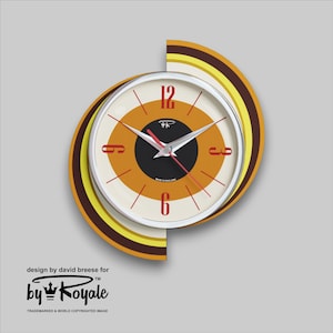Top Selling Royalexe Spinning Meteor Caravan Wall Clock by Royale in Tangerine and Orange Midcentury Atomic Jetsons Retro