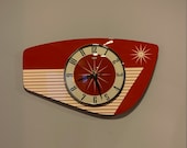 Handmade Formica Wall Clock in Tomato Red from Royale - Midcentury French Atomic Retro style with Starburst Formica Design