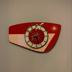 Handmade Formica Wall Clock in Tomato Red from Royale - Midcentury French Atomic Retro style with Starburst Formica Design