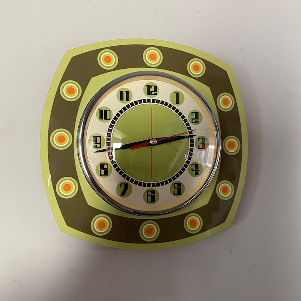 Handmade 1970's style Formica Wall Clock in Avacado & Cream from Royale