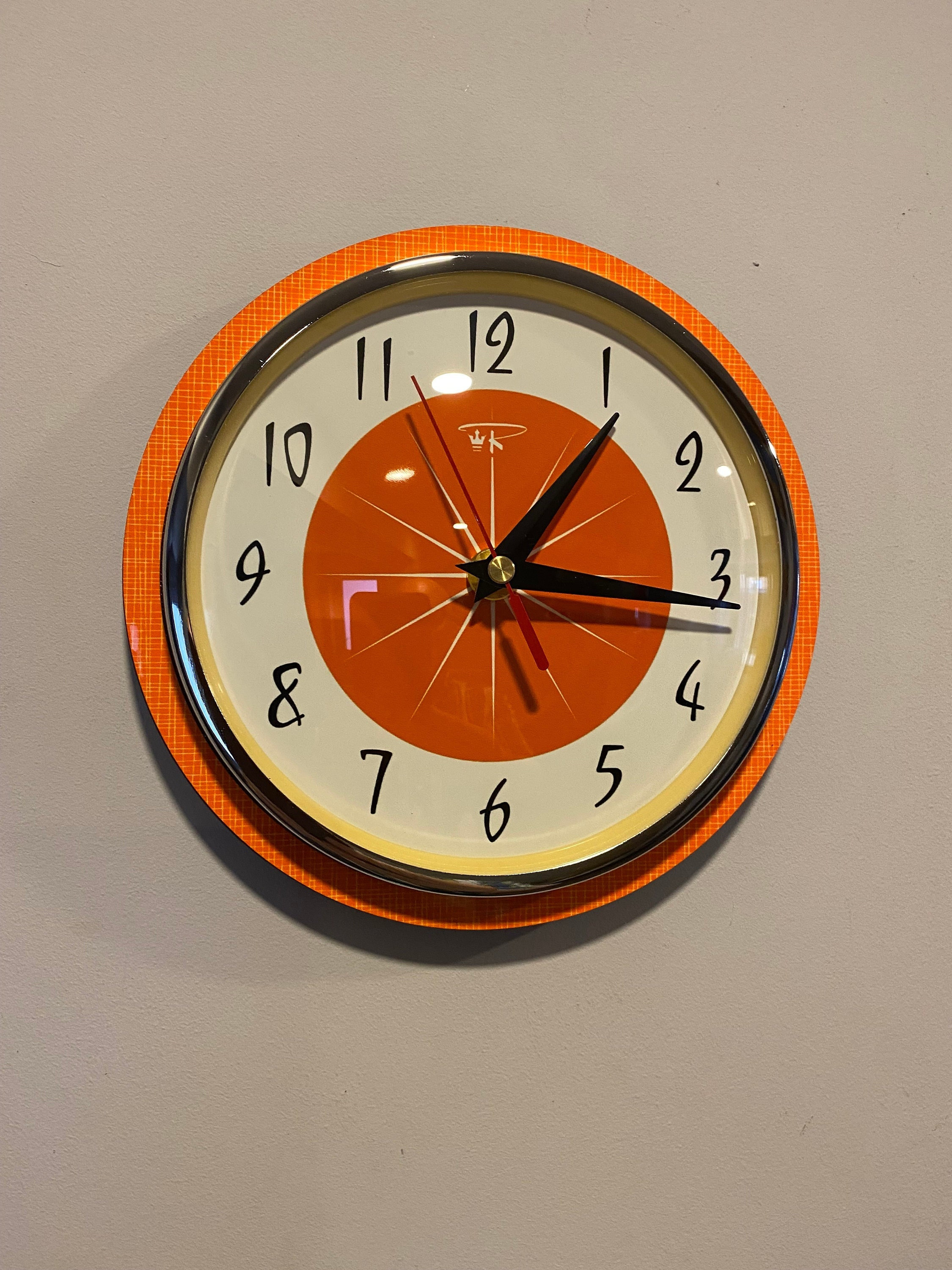 Mid Century Atomic Jetsons Style Wall Clock in in Neon Tangerine